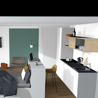 Einblick in eine mögliche Gestaltung des Wohnraums eines Apartments