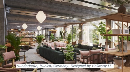 Einblick in den modernen Aufenthaltsraum mit vielen Pflanzen des Apartmenthauses "Wunderlocke", welches Anfang 2021 in München eröffnen soll